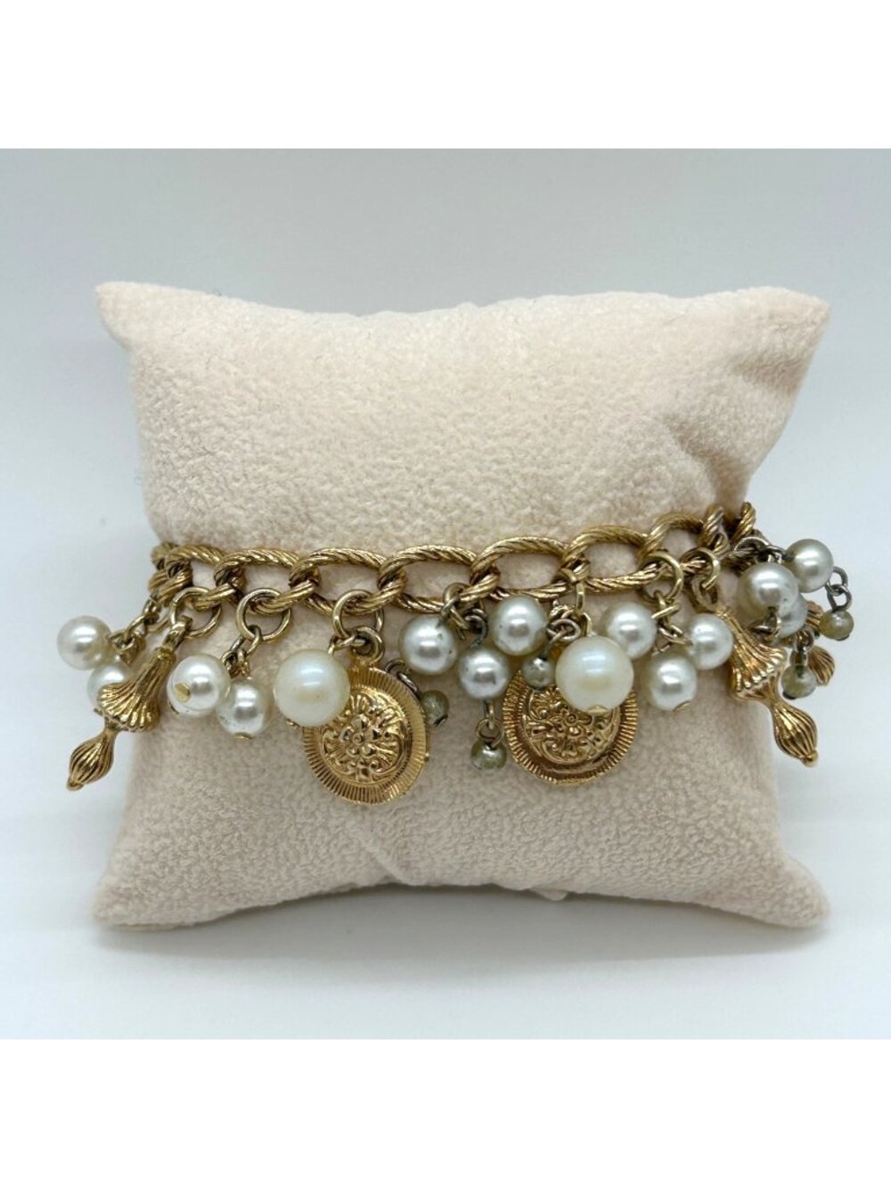 Vintage Gold Tone Cha Cha Bracelet Faux Pearl Chunky Coin Charm Statement Bridal